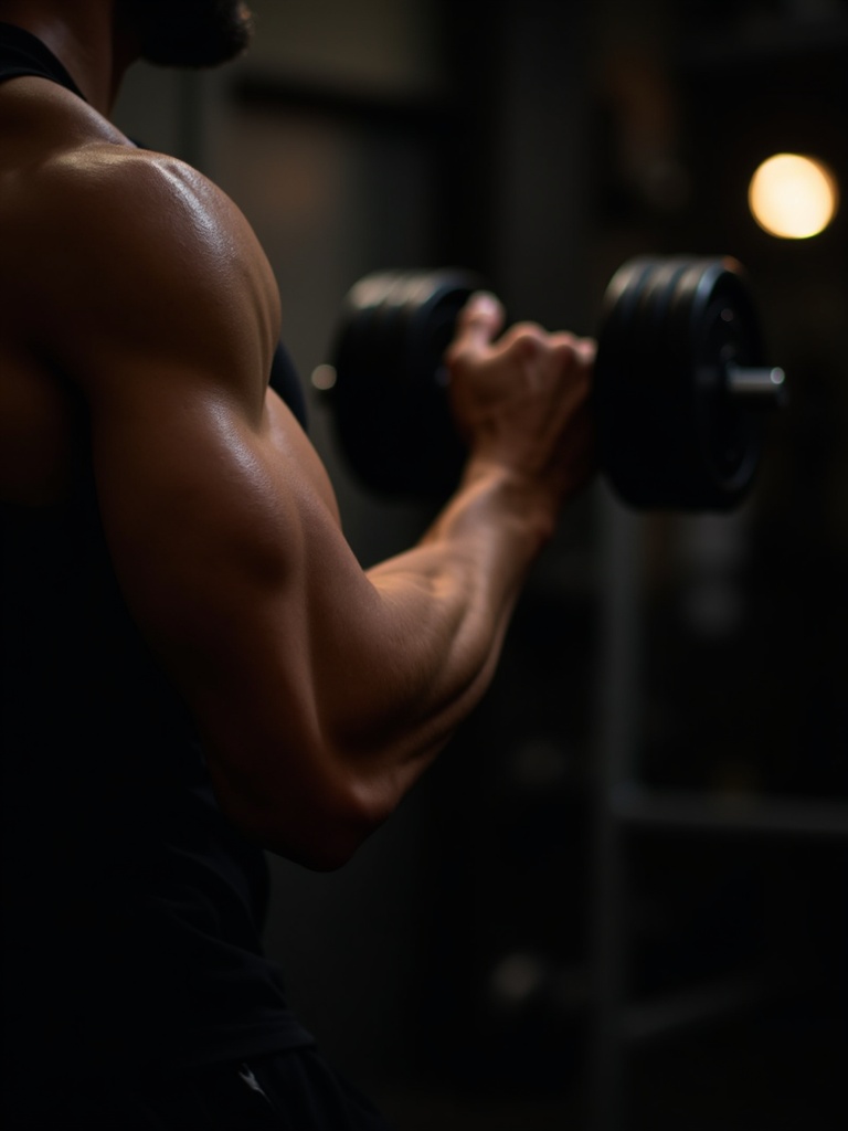 Muscular arm performing heavy dumbbell curl