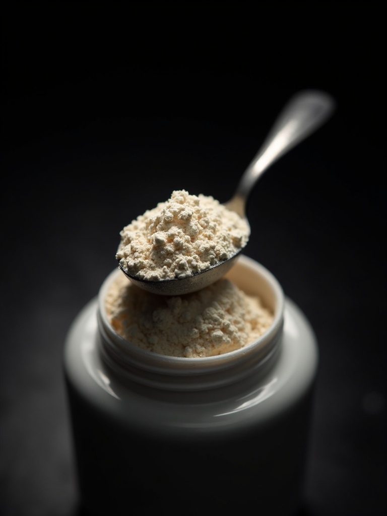 Protein powder scoop with dramatic lighting