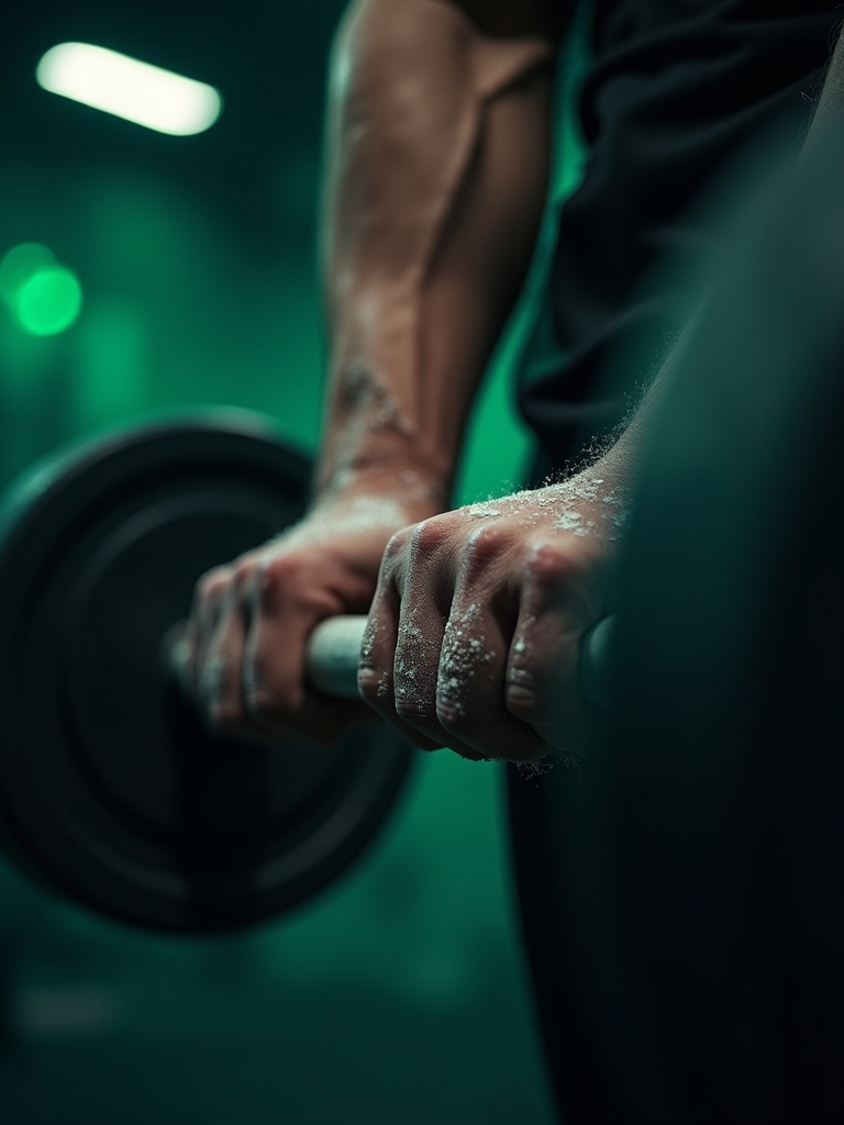 Hands gripping a loaded barbell with chalk dust